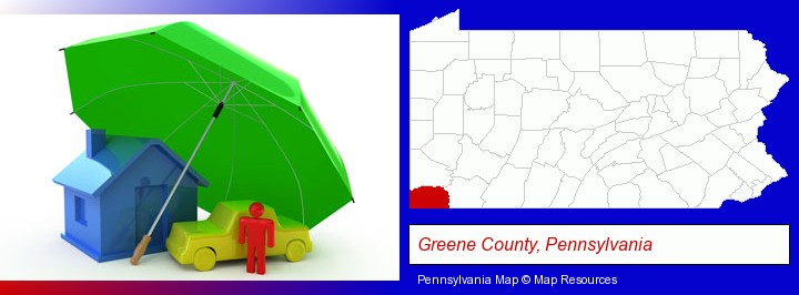types of insurance; Greene County, Pennsylvania highlighted in red on a map