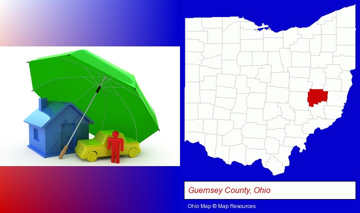 types of insurance; Guernsey County, Ohio highlighted in red on a map