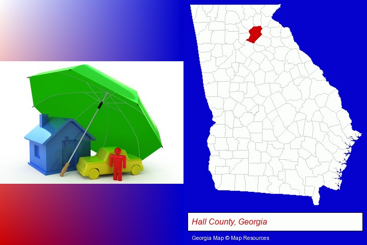 types of insurance; Hall County, Georgia highlighted in red on a map