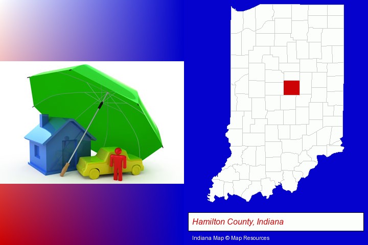 types of insurance; Hamilton County, Indiana highlighted in red on a map