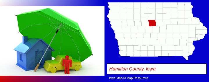 types of insurance; Hamilton County, Iowa highlighted in red on a map