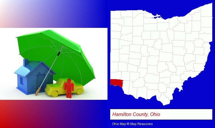 types of insurance; Hamilton County, Ohio highlighted in red on a map