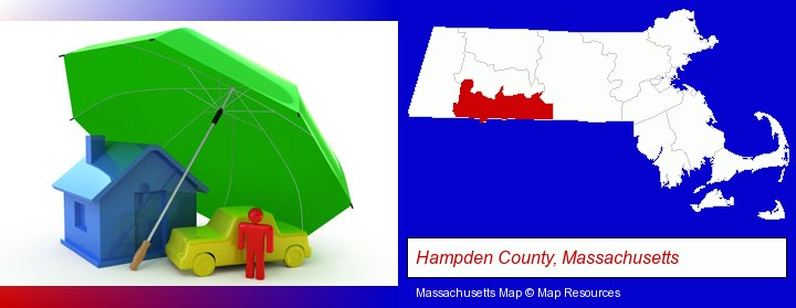 types of insurance; Hampden County, Massachusetts highlighted in red on a map