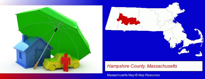 types of insurance; Hampshire County, Massachusetts highlighted in red on a map