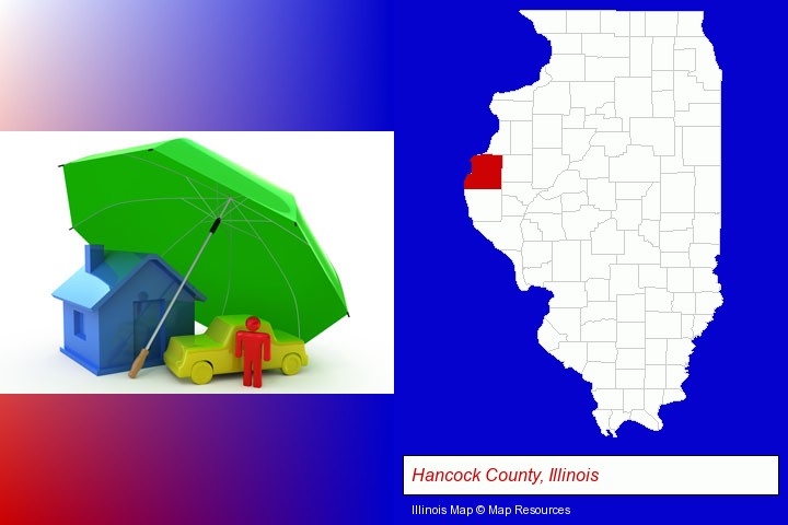 types of insurance; Hancock County, Illinois highlighted in red on a map