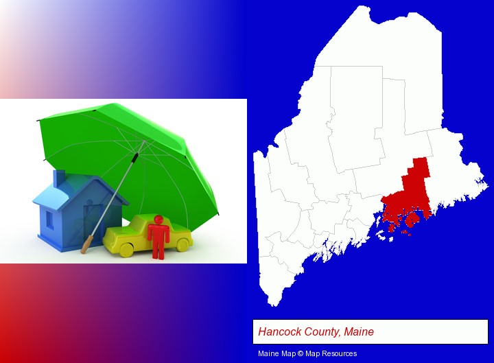 types of insurance; Hancock County, Maine highlighted in red on a map