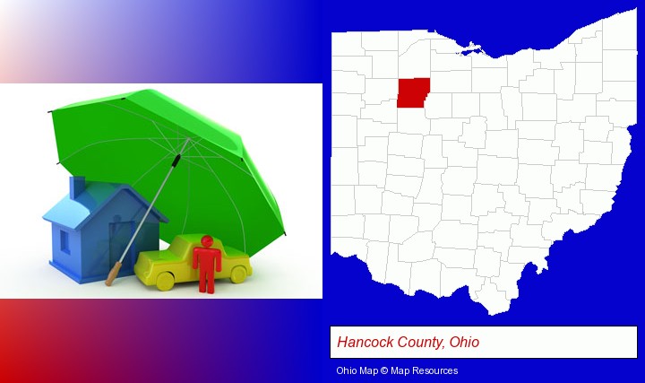 types of insurance; Hancock County, Ohio highlighted in red on a map