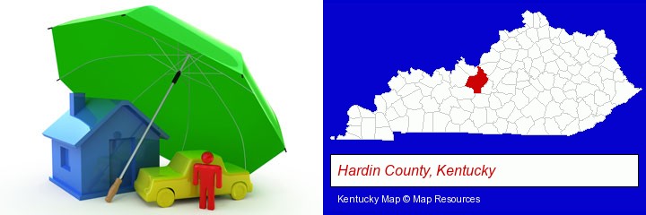 types of insurance; Hardin County, Kentucky highlighted in red on a map