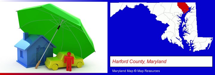 types of insurance; Harford County, Maryland highlighted in red on a map