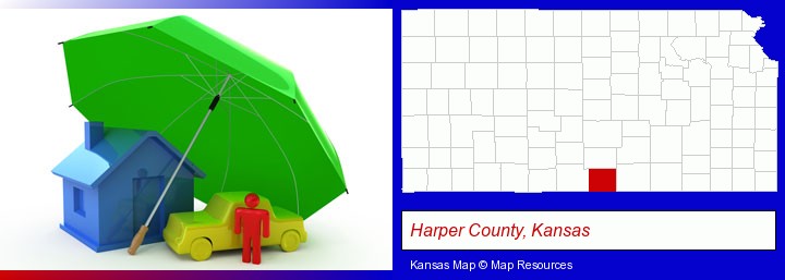 types of insurance; Harper County, Kansas highlighted in red on a map
