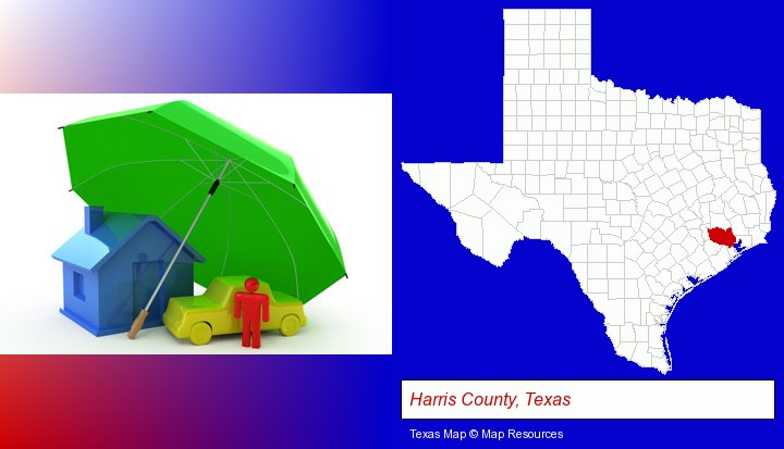 types of insurance; Harris County, Texas highlighted in red on a map