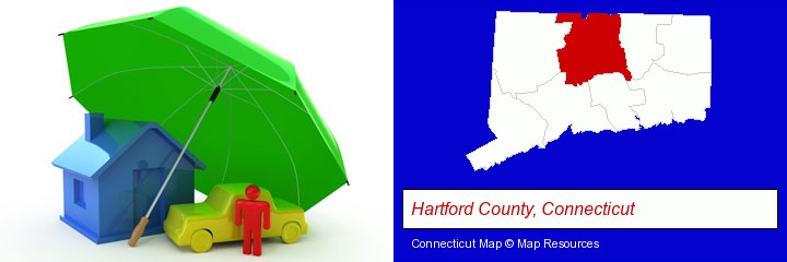 types of insurance; Hartford County, Connecticut highlighted in red on a map