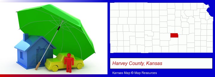 types of insurance; Harvey County, Kansas highlighted in red on a map