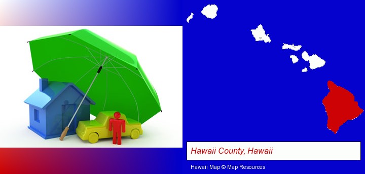 types of insurance; Hawaii County, Hawaii highlighted in red on a map