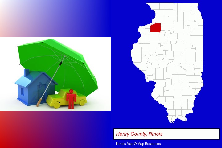 types of insurance; Henry County, Illinois highlighted in red on a map