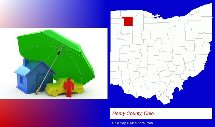 types of insurance; Henry County, Ohio highlighted in red on a map