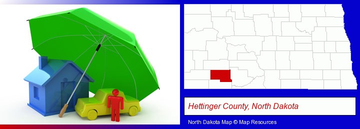 types of insurance; Hettinger County, North Dakota highlighted in red on a map
