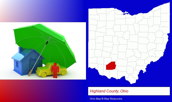 types of insurance; Highland County, Ohio highlighted in red on a map