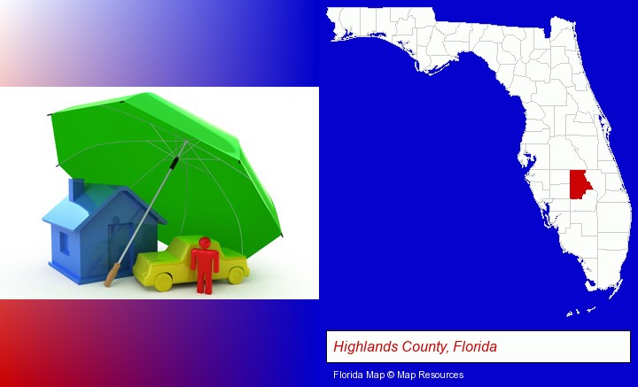 types of insurance; Highlands County, Florida highlighted in red on a map