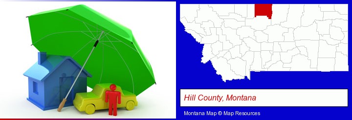 types of insurance; Hill County, Montana highlighted in red on a map