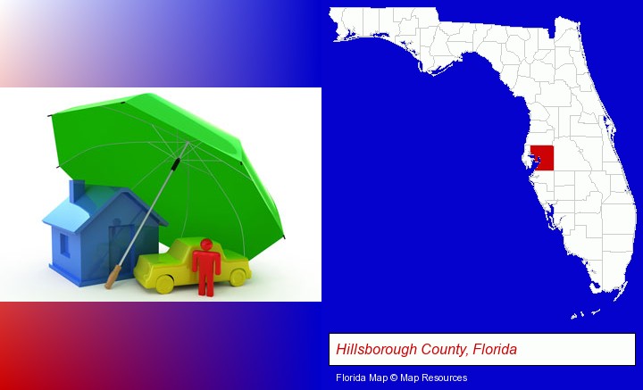 types of insurance; Hillsborough County, Florida highlighted in red on a map