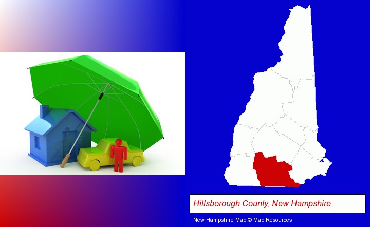 types of insurance; Hillsborough County, New Hampshire highlighted in red on a map