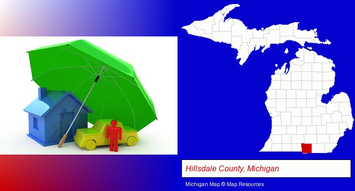 types of insurance; Hillsdale County, Michigan highlighted in red on a map
