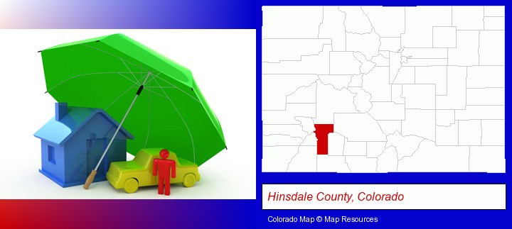 types of insurance; Hinsdale County, Colorado highlighted in red on a map