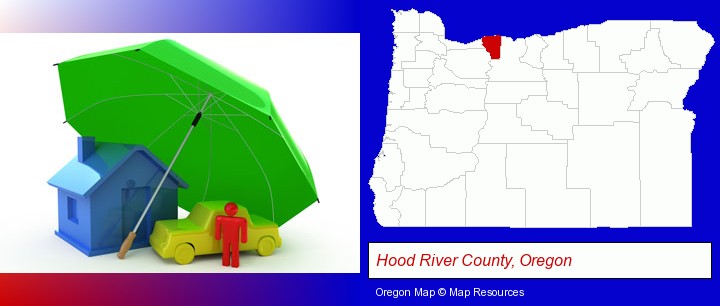 types of insurance; Hood River County, Oregon highlighted in red on a map