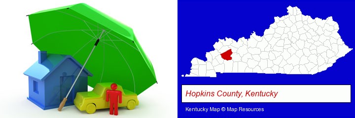 types of insurance; Hopkins County, Kentucky highlighted in red on a map