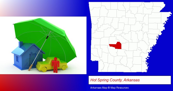 types of insurance; Hot Spring County, Arkansas highlighted in red on a map