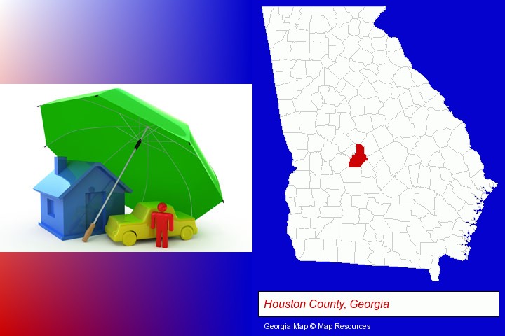 types of insurance; Houston County, Georgia highlighted in red on a map