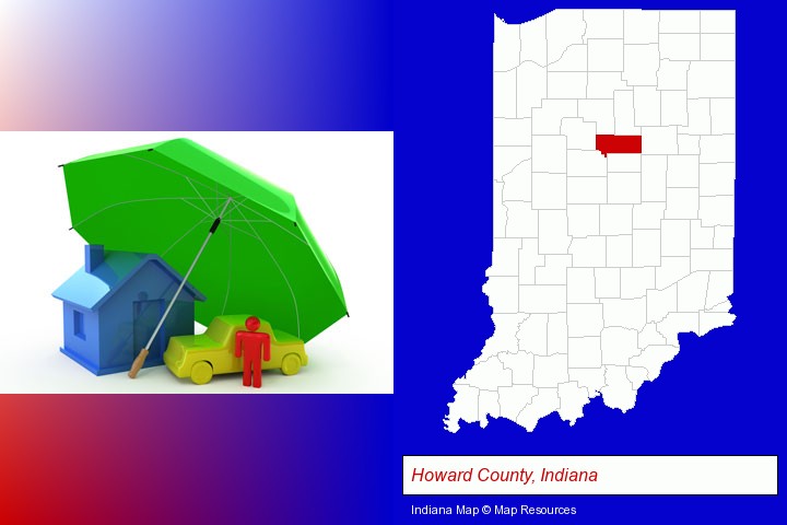 types of insurance; Howard County, Indiana highlighted in red on a map