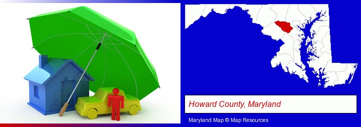 types of insurance; Howard County, Maryland highlighted in red on a map