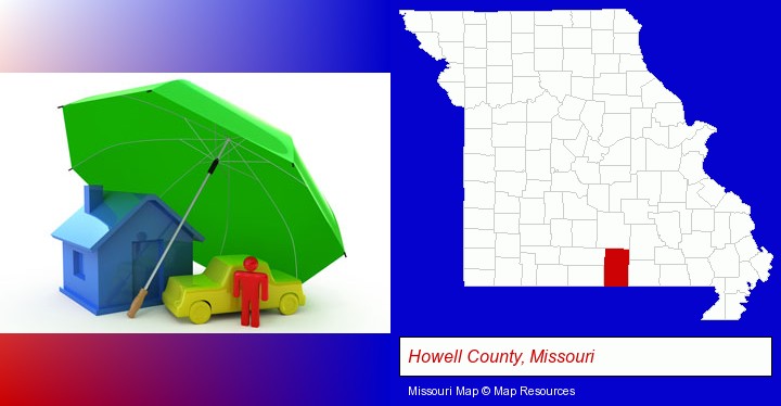 types of insurance; Howell County, Missouri highlighted in red on a map