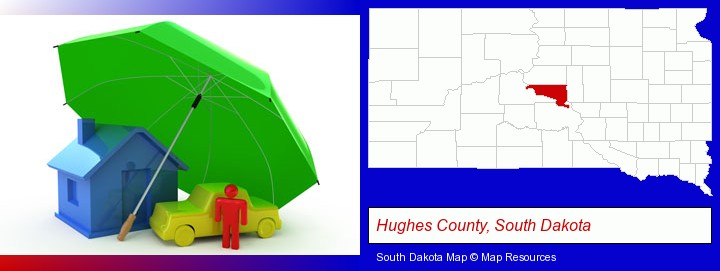 types of insurance; Hughes County, South Dakota highlighted in red on a map