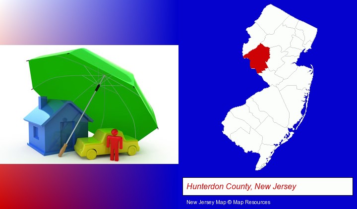 types of insurance; Hunterdon County, New Jersey highlighted in red on a map