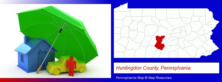 types of insurance; Huntingdon County, Pennsylvania highlighted in red on a map