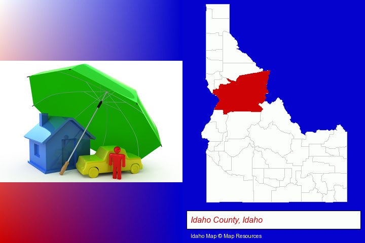 types of insurance; Idaho County, Idaho highlighted in red on a map
