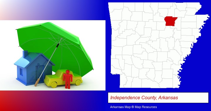 types of insurance; Independence County, Arkansas highlighted in red on a map
