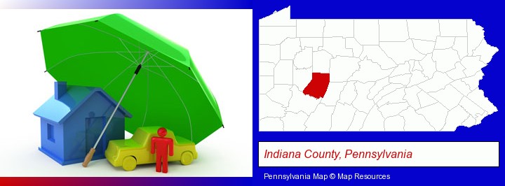 types of insurance; Indiana County, Pennsylvania highlighted in red on a map