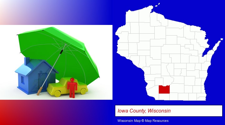 types of insurance; Iowa County, Wisconsin highlighted in red on a map