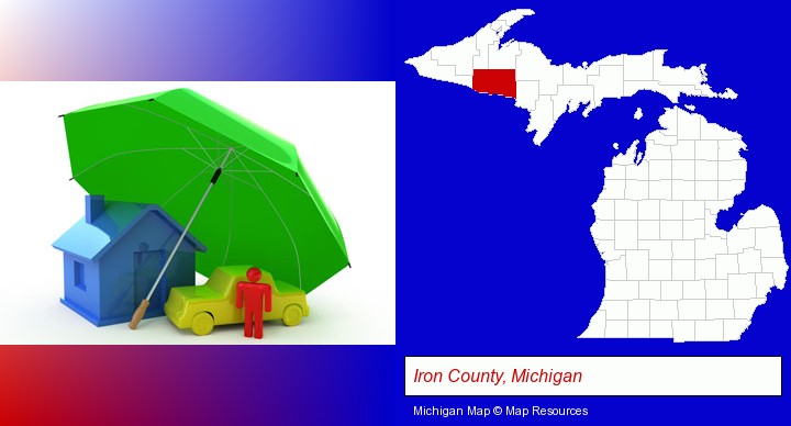types of insurance; Iron County, Michigan highlighted in red on a map