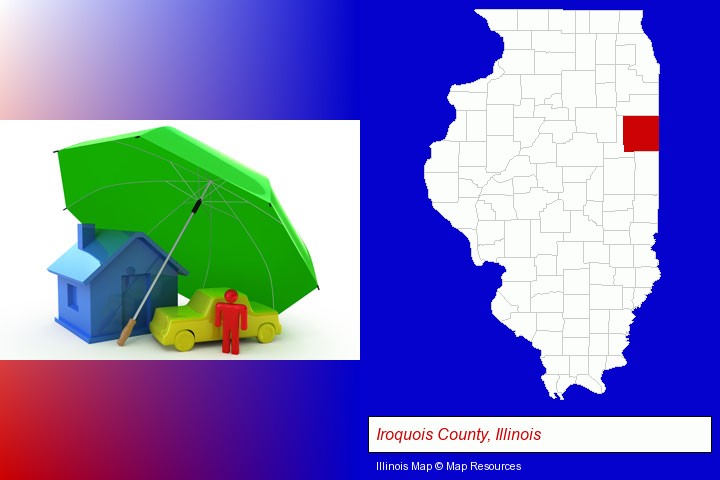types of insurance; Iroquois County, Illinois highlighted in red on a map