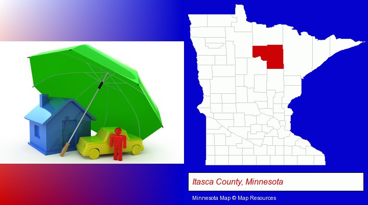 types of insurance; Itasca County, Minnesota highlighted in red on a map