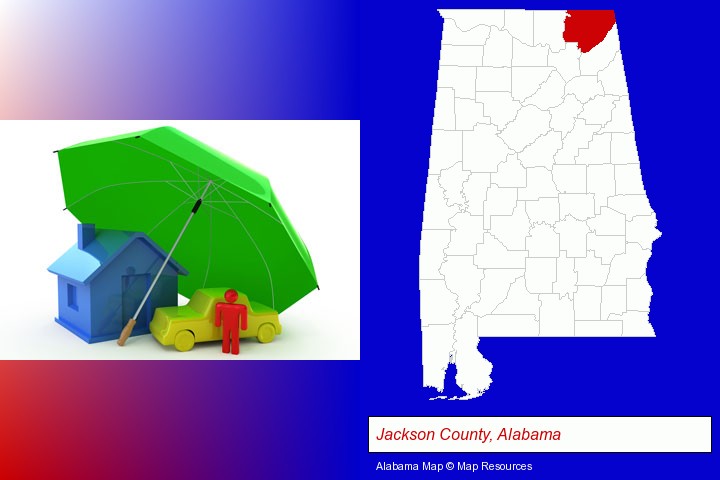 types of insurance; Jackson County, Alabama highlighted in red on a map