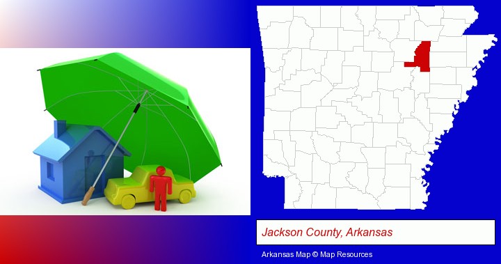 types of insurance; Jackson County, Arkansas highlighted in red on a map