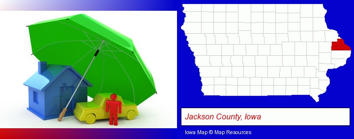 types of insurance; Jackson County, Iowa highlighted in red on a map