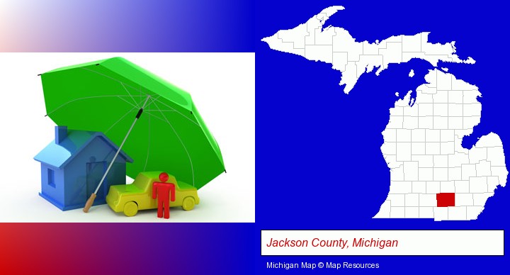 types of insurance; Jackson County, Michigan highlighted in red on a map