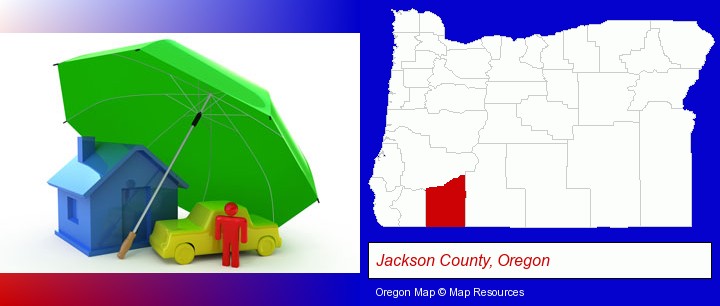 types of insurance; Jackson County, Oregon highlighted in red on a map